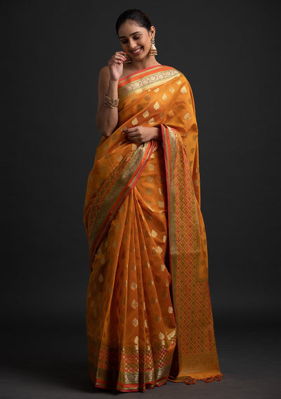Mustard Zariwork Art Silk Designer Saree - koskii