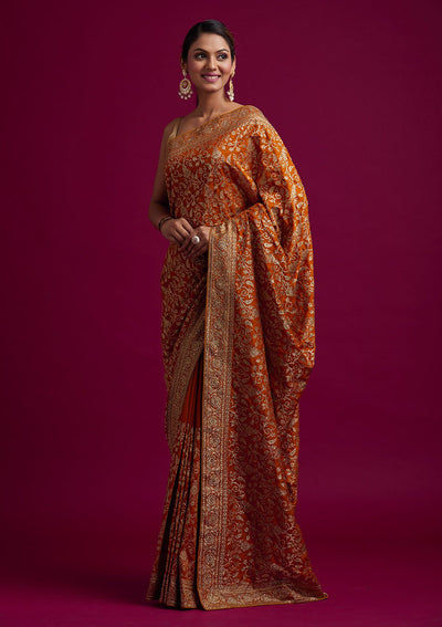 Mustard Zariwork Art Silk Designer Saree - koskii