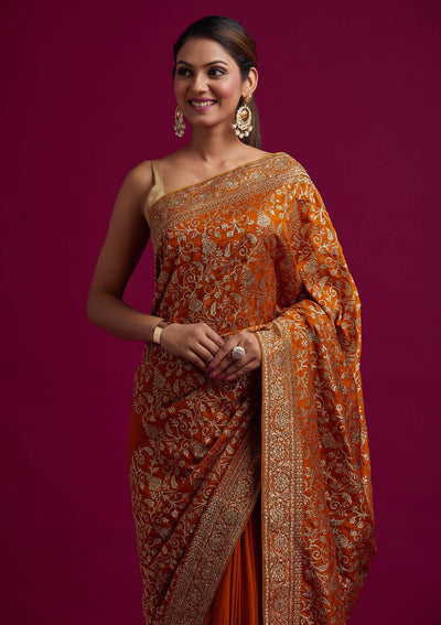 Mustard Zariwork Art Silk Designer Saree - koskii