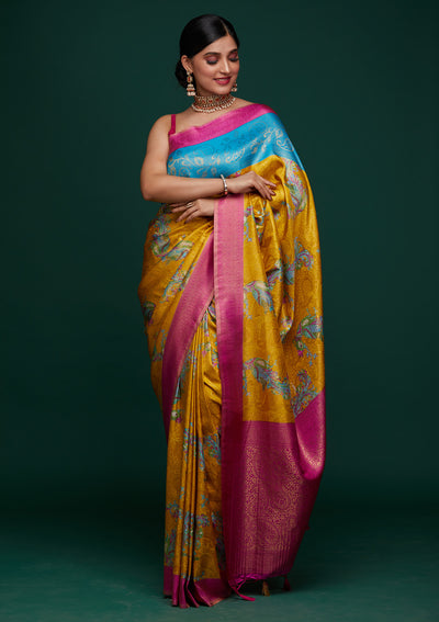 Mustard Zariwork Art Silk Designer Saree - Koskii