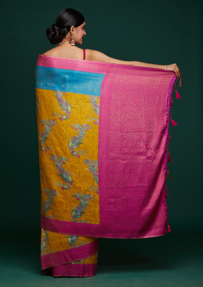 Mustard Zariwork Art Silk Designer Saree - Koskii