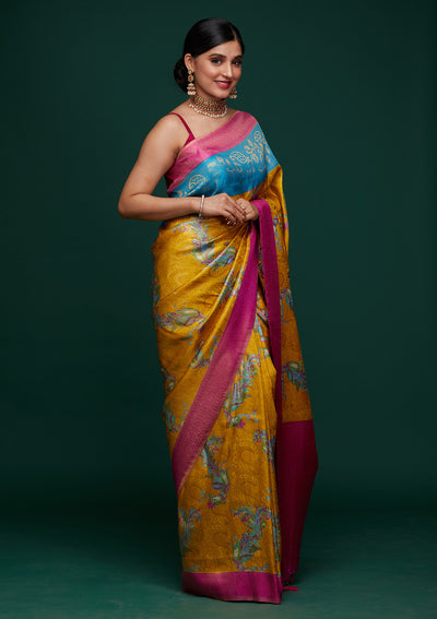 Mustard Zariwork Art Silk Designer Saree - Koskii
