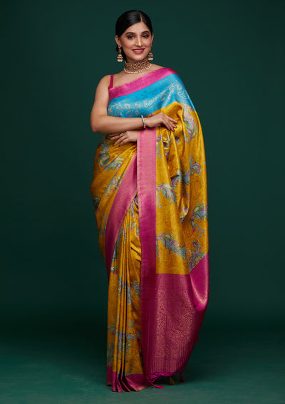 Mustard Zariwork Art Silk Designer Saree - Koskii