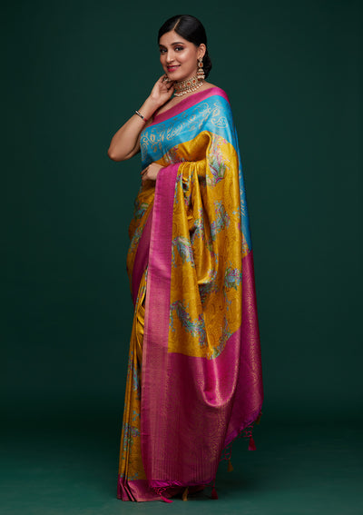 Mustard Zariwork Art Silk Designer Saree - Koskii