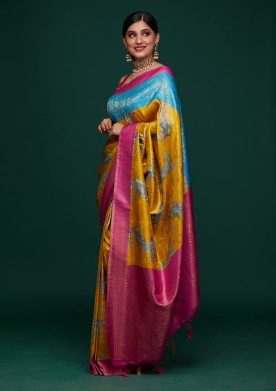 Mustard Zariwork Art Silk Designer Saree - Koskii