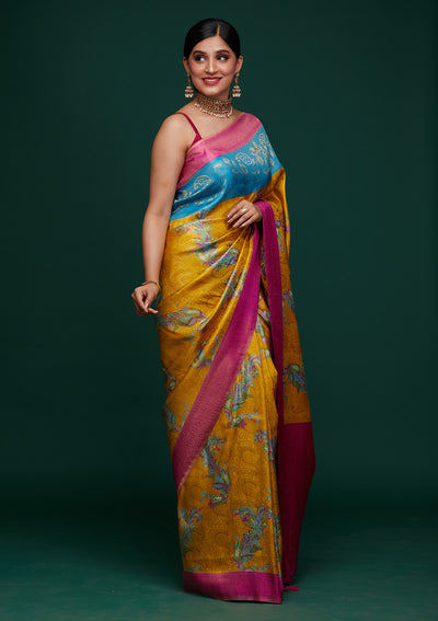 Mustard Zariwork Art Silk Designer Saree - Koskii