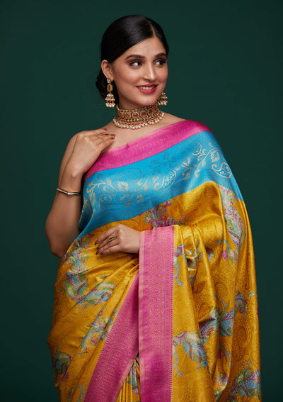 Mustard Zariwork Art Silk Designer Saree - Koskii