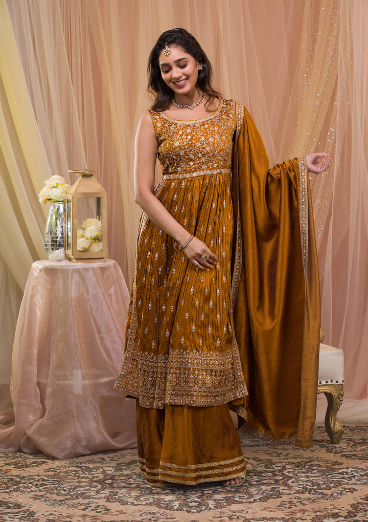 Mustard Zariwork Art Silk Readymade Salwar Suit-Koskii
