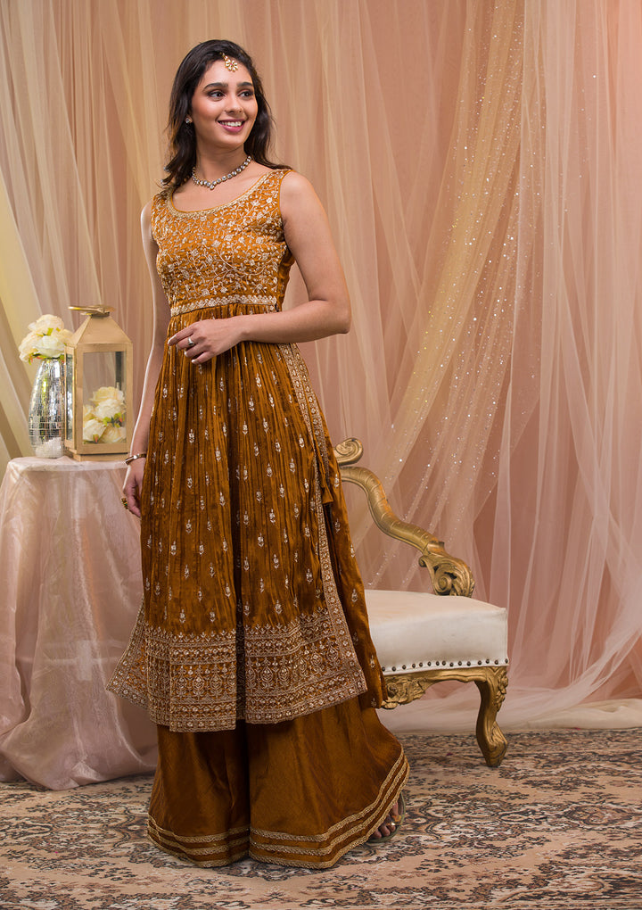 Mustard Zariwork Art Silk Readymade Salwar Suit-Koskii