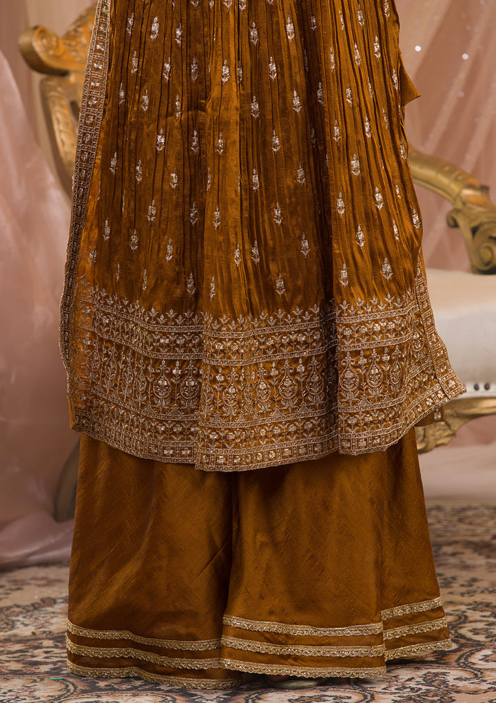 Mustard Zariwork Art Silk Readymade Salwar Suit-Koskii