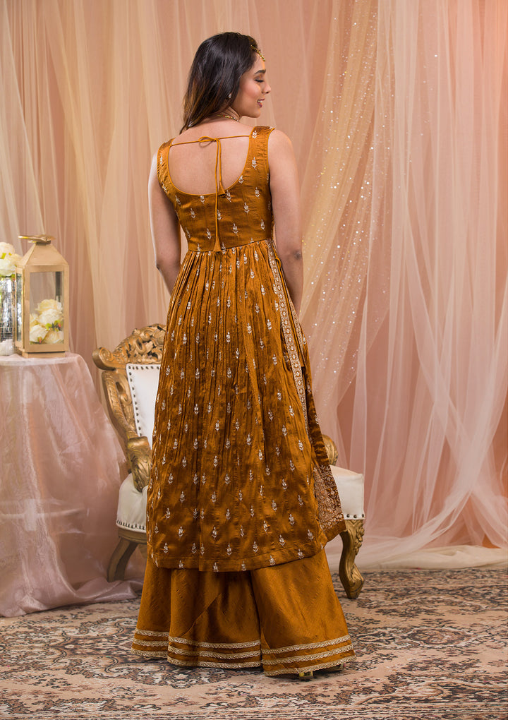 Mustard Zariwork Art Silk Readymade Salwar Suit-Koskii