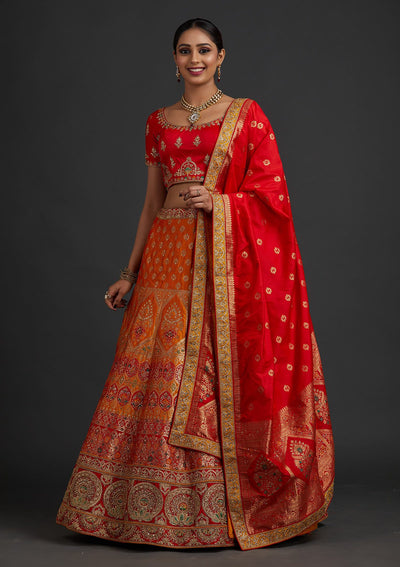 Mustard Zariwork Banarasi Designer Semi-Stitched Lehenga - koskii