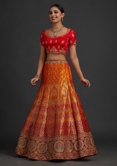 Mustard Zariwork Banarasi Designer Semi-Stitched Lehenga - koskii