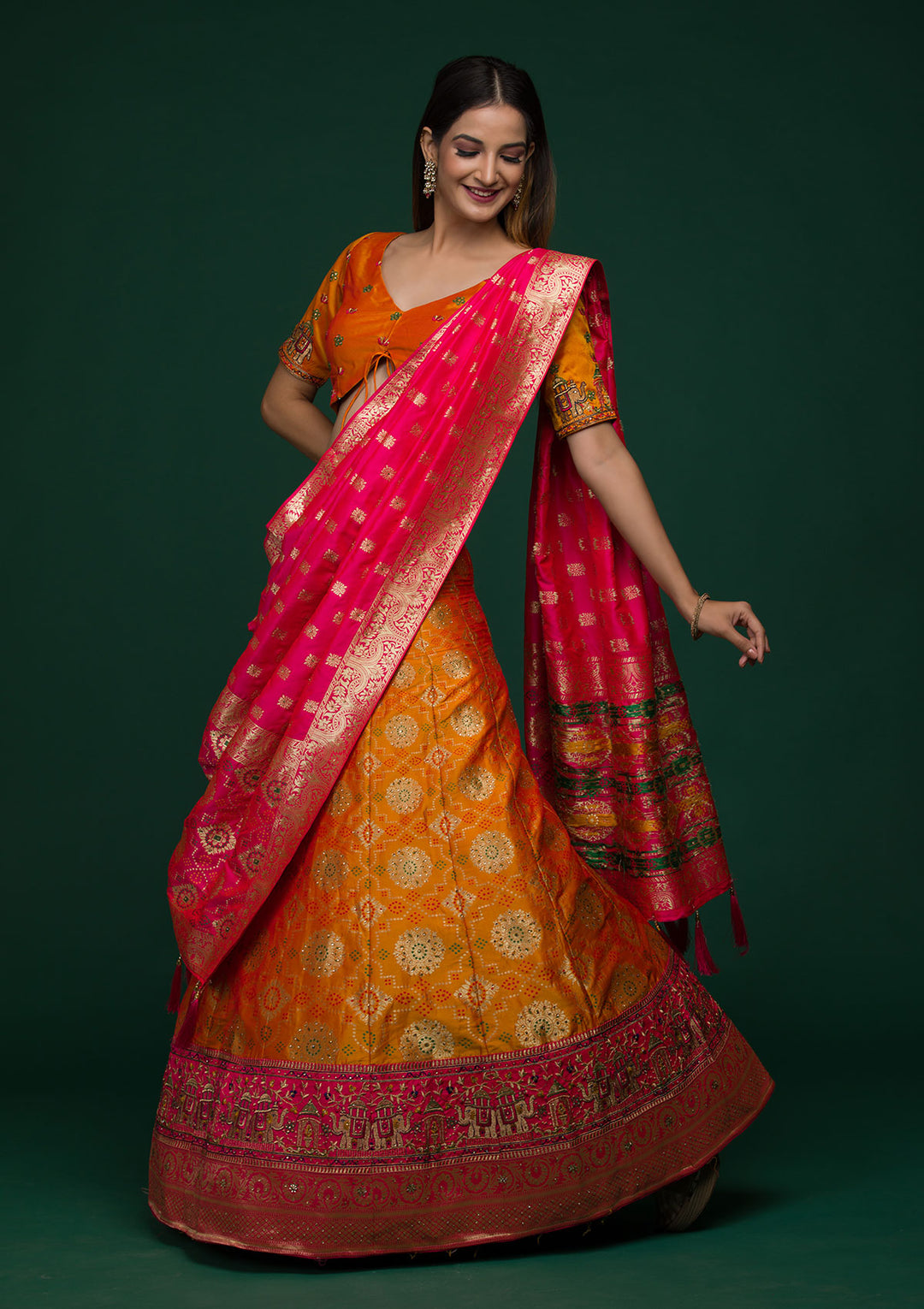 Mustard Zariwork Banarasi Lehenga-Koskii