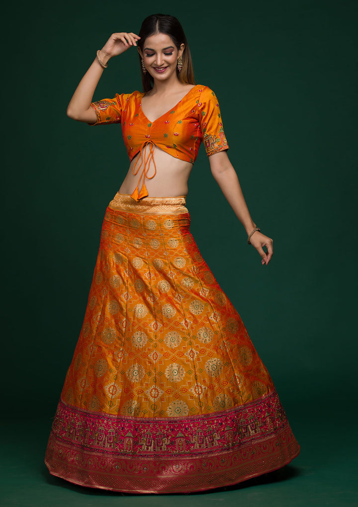 Mustard Zariwork Banarasi Lehenga-Koskii