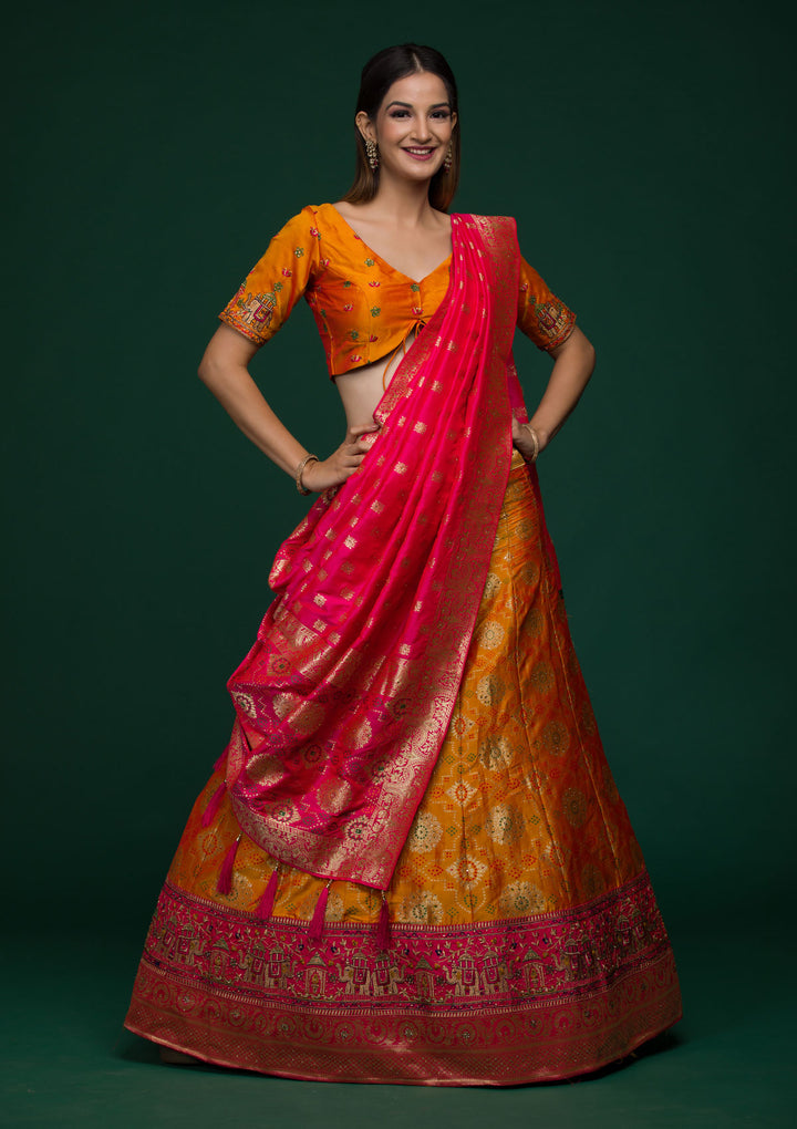 Mustard Zariwork Banarasi Lehenga-Koskii