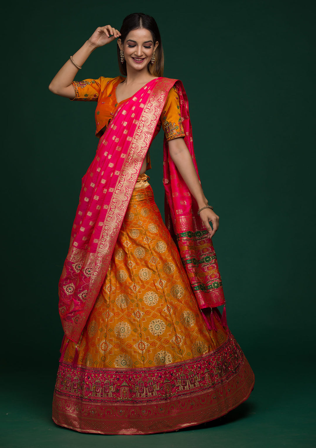 Mustard Zariwork Banarasi Lehenga-Koskii