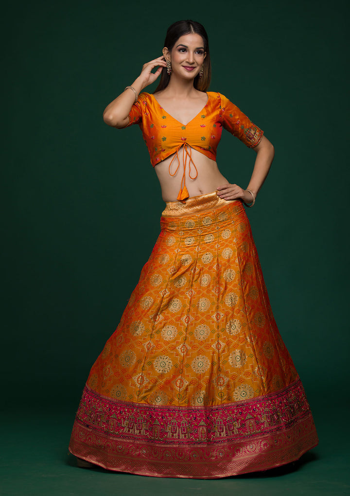 Mustard Zariwork Banarasi Lehenga-Koskii