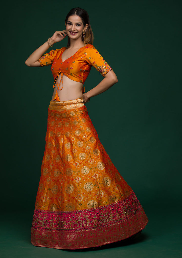 Mustard Zariwork Banarasi Lehenga-Koskii