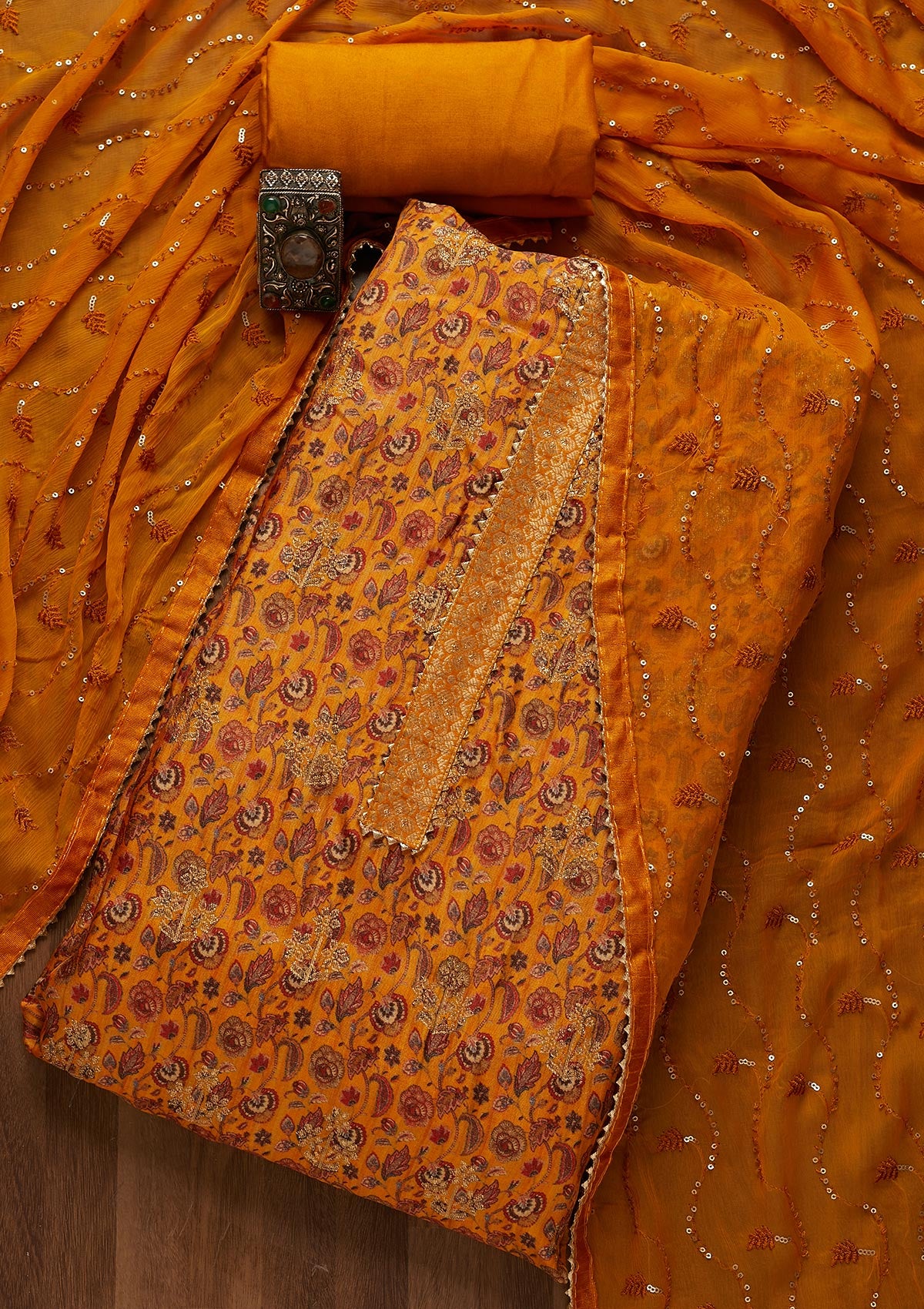 Mustard Zariwork Banarasi Semi-Stitched Salwar Suit - Koskii
