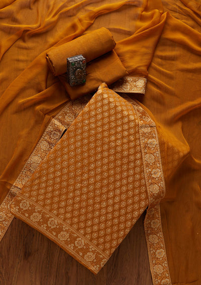 Mustard Zariwork Banarasi Designer Unstitched Salwar Suit - koskii
