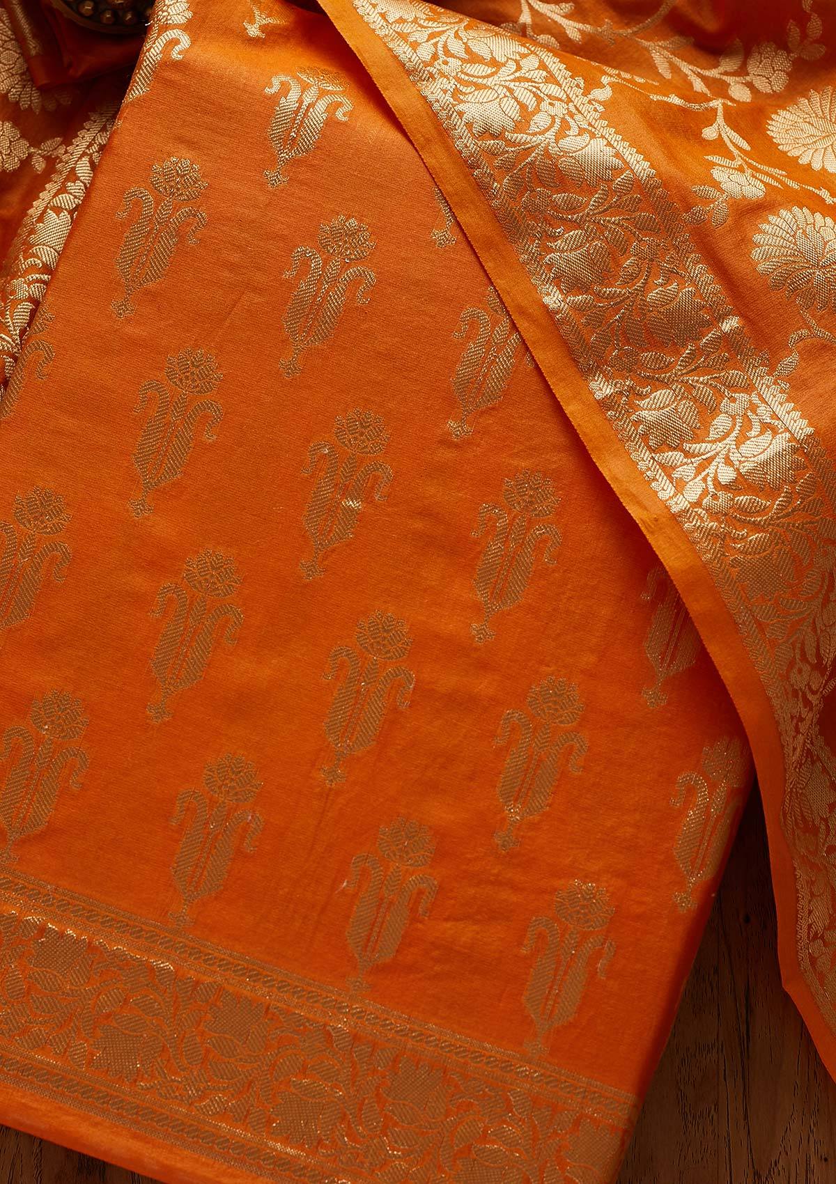 Mustard Zariwork Banarasi Designer Unstitched Salwar Suit - Koskii