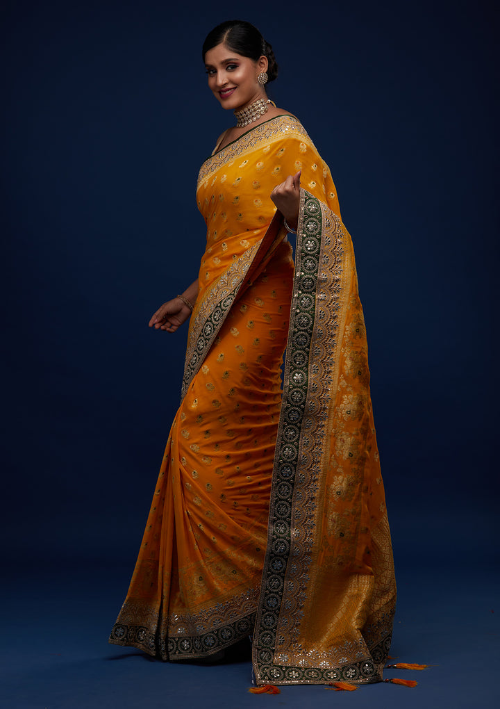 Mustard Zariwork Banarasi Designer Saree - Koskii