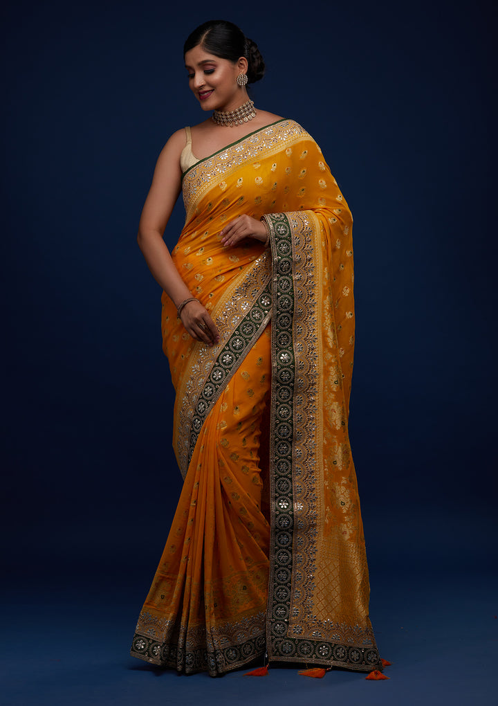 Mustard Zariwork Banarasi Designer Saree - Koskii