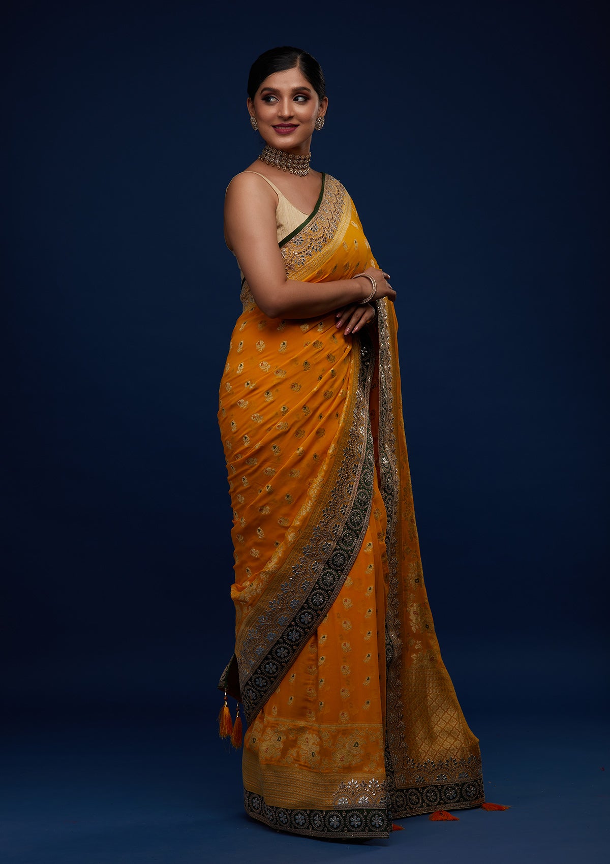 Mustard Zariwork Banarasi Designer Saree - Koskii