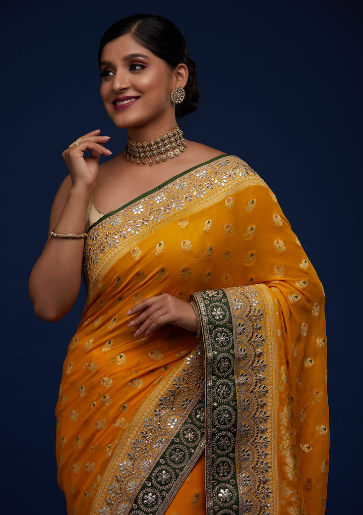Mustard Zariwork Banarasi Designer Saree - Koskii