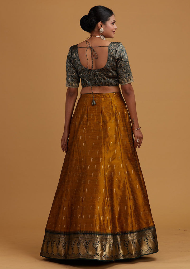 Mustard Zariwork Brocade Designer Semi-Stitched Lehenga - Koskii