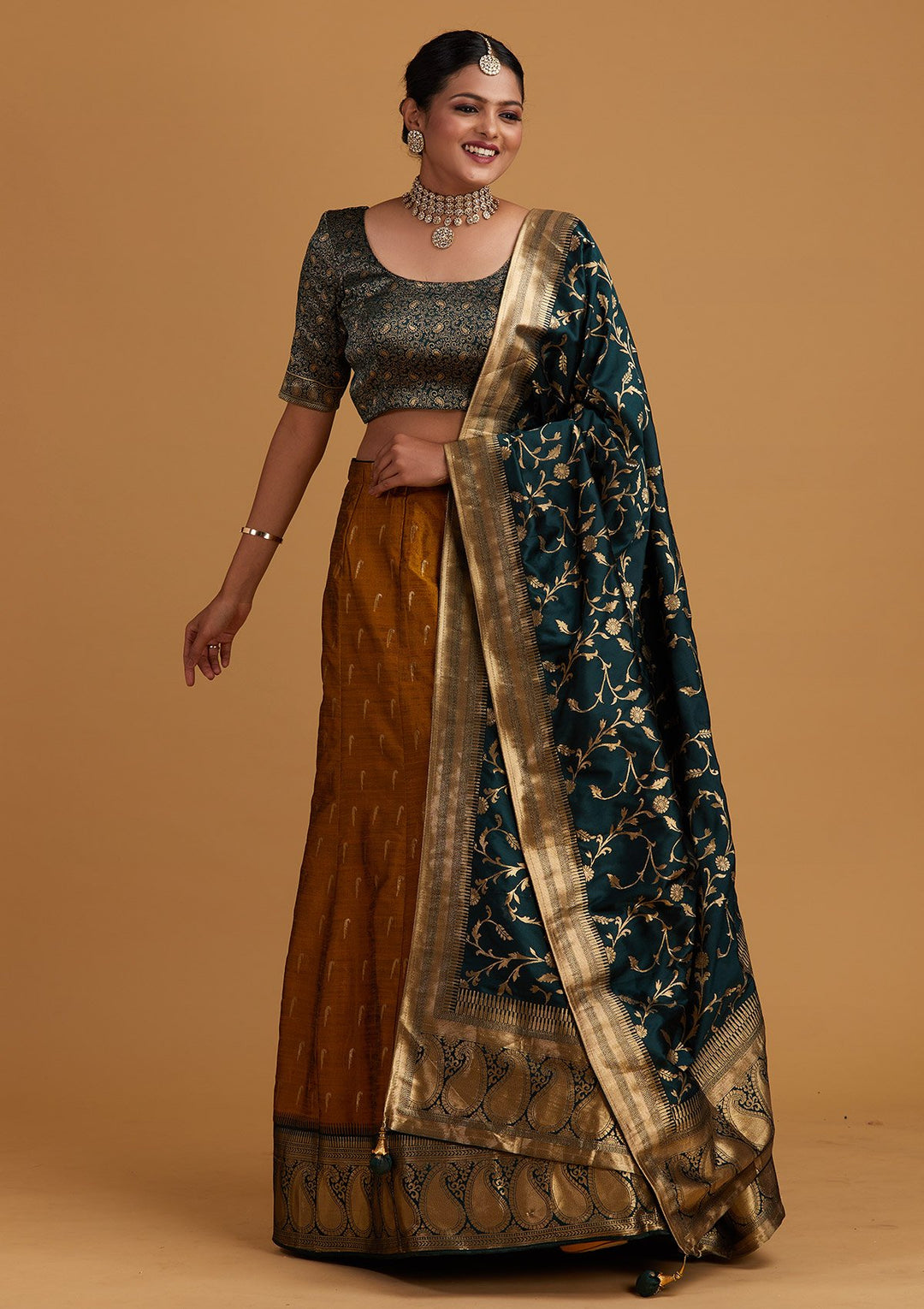 Mustard Zariwork Brocade Designer Semi-Stitched Lehenga - Koskii