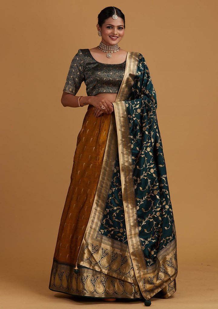 Mustard Zariwork Brocade Designer Semi-Stitched Lehenga - Koskii