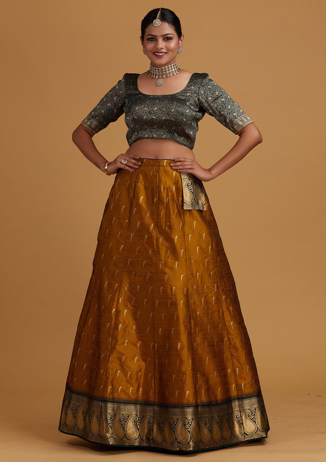 Mustard Zariwork Brocade Designer Semi-Stitched Lehenga - Koskii