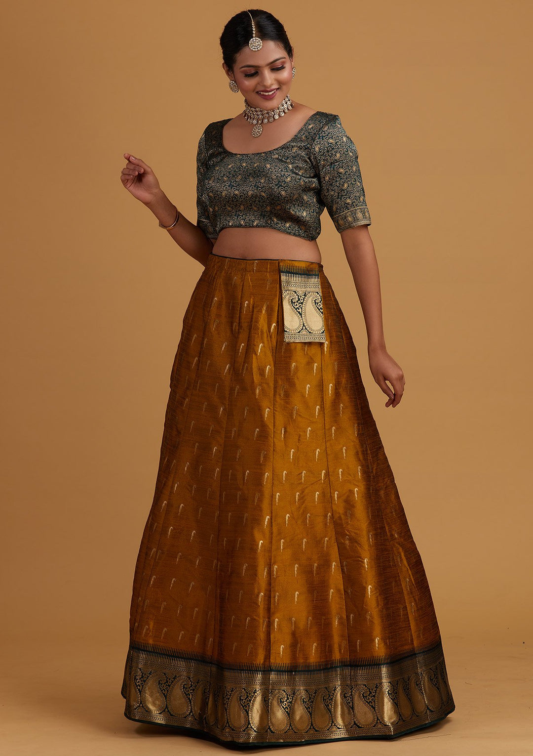 Mustard Zariwork Brocade Designer Semi-Stitched Lehenga - Koskii