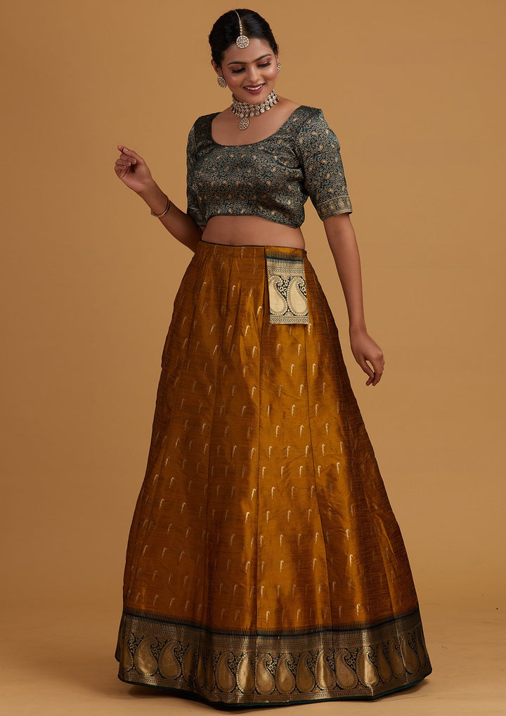 Mustard Zariwork Brocade Designer Semi-Stitched Lehenga - Koskii