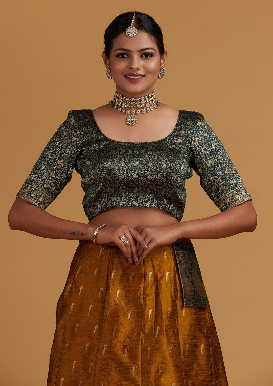 Mustard Zariwork Brocade Designer Semi-Stitched Lehenga - Koskii