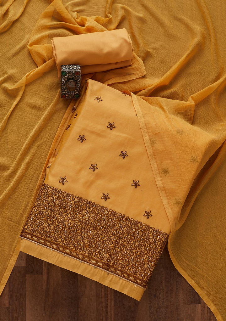 Mustard Zariwork Chanderi Designer Unstitched Salwar Suit - Koskii