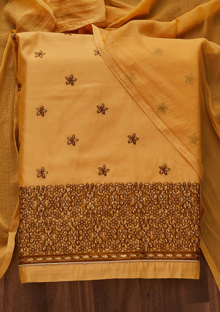 Mustard Zariwork Chanderi Designer Unstitched Salwar Suit - Koskii