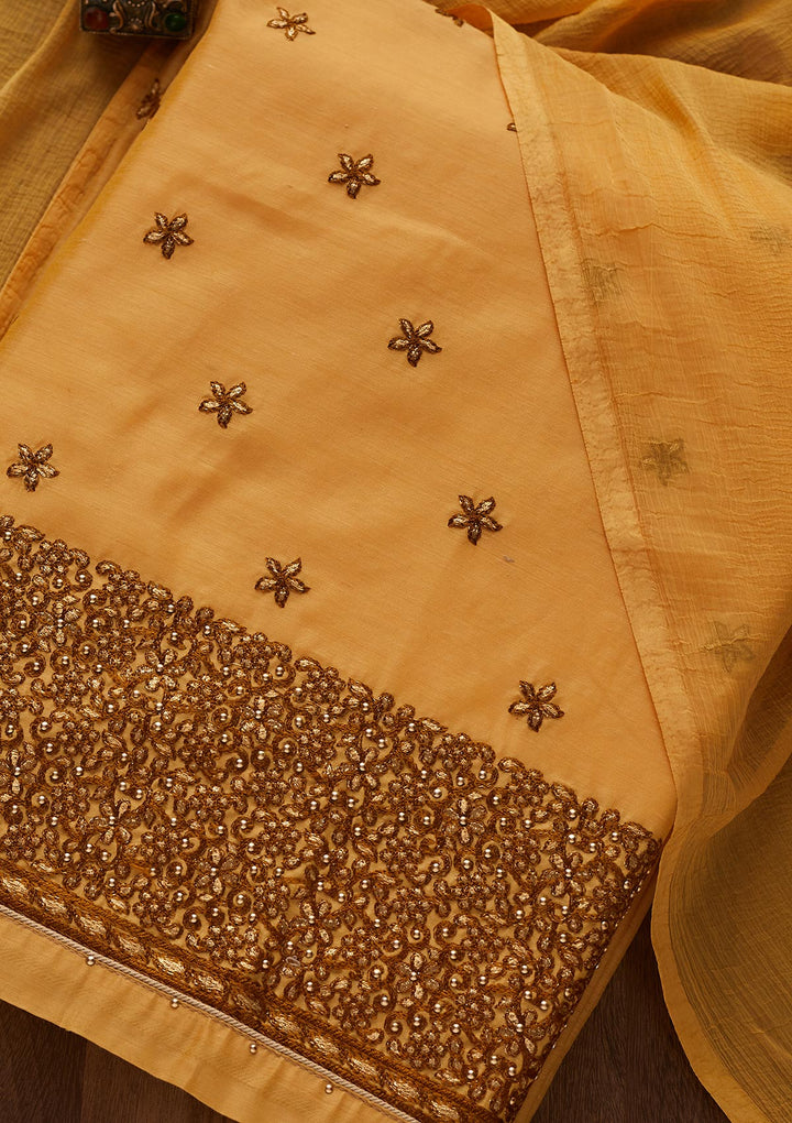 Mustard Zariwork Chanderi Designer Unstitched Salwar Suit - Koskii