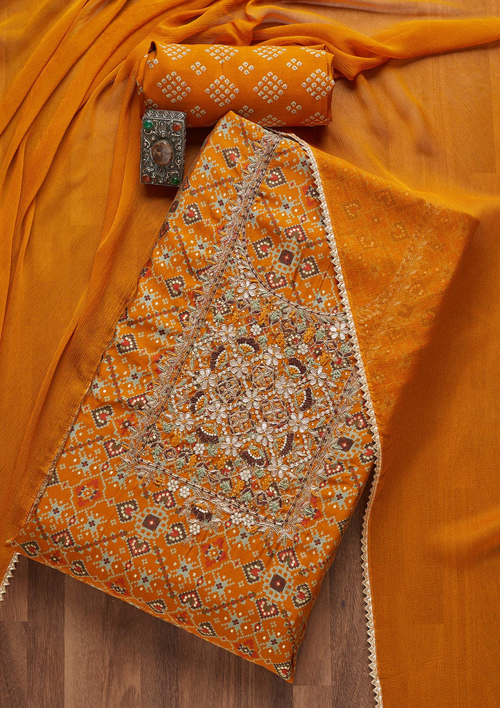 Mustard Zariwork Chanderi Unstitched Salwar Suit- Koskii