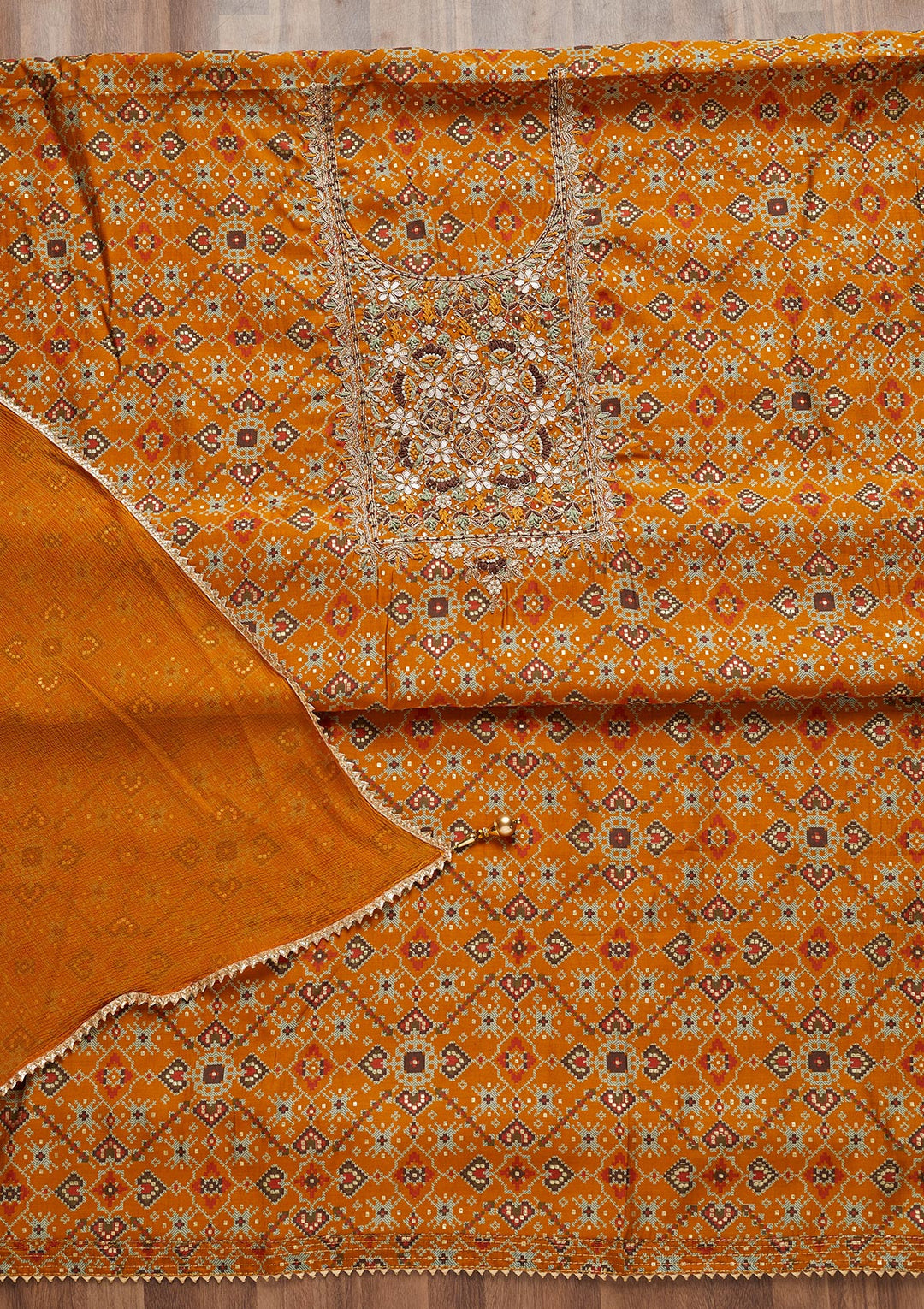 Mustard Zariwork Chanderi Unstitched Salwar Suit - Koskii