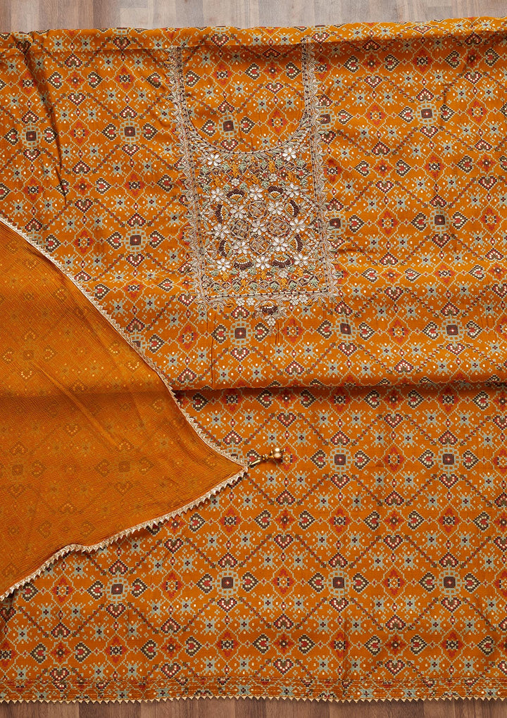 Mustard Zariwork Chanderi Unstitched Salwar Suit - Koskii