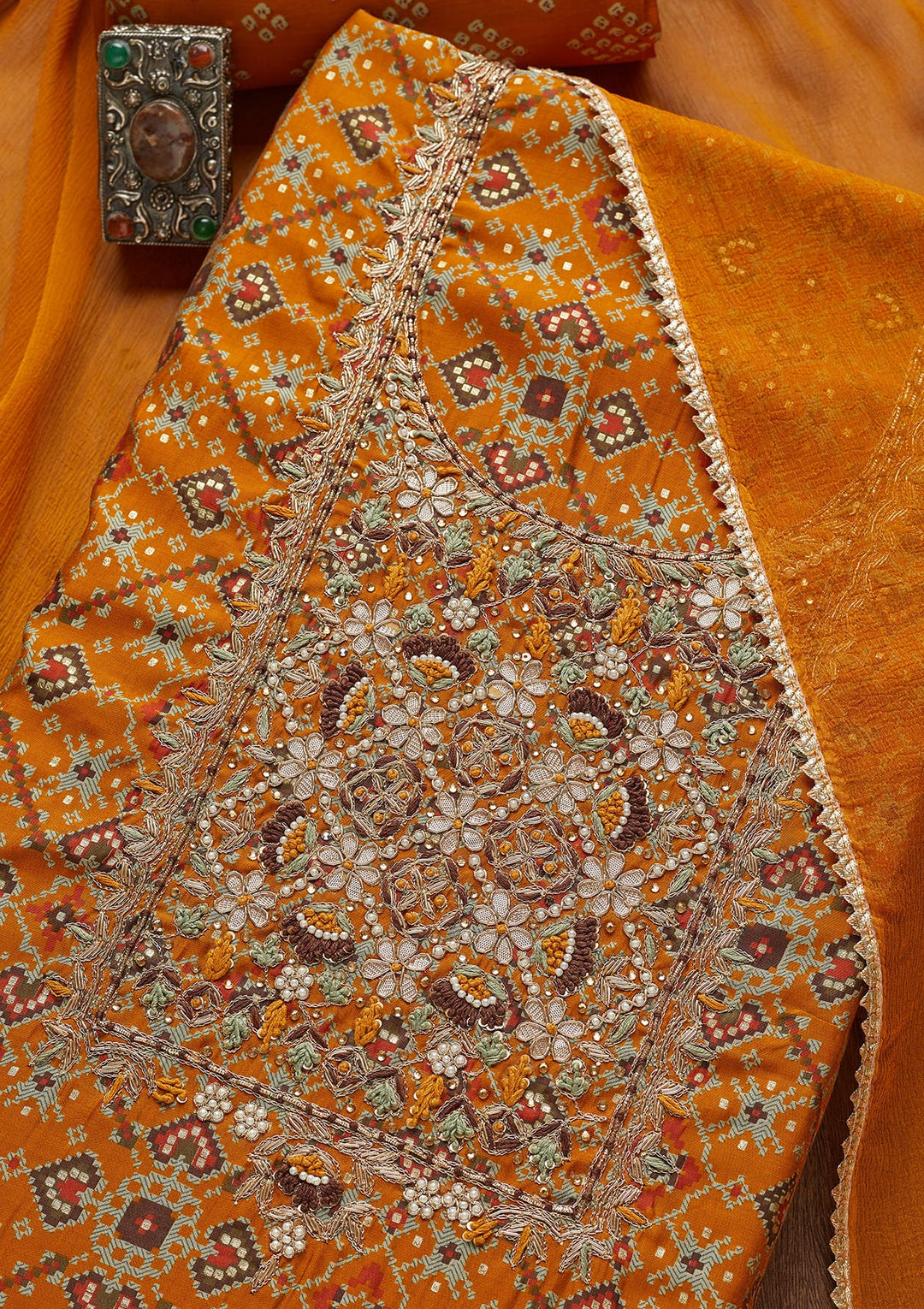 Mustard Zariwork Chanderi Unstitched Salwar Suit - Koskii