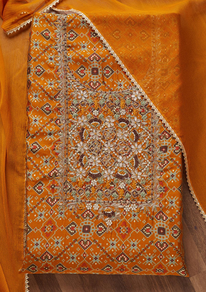 Mustard Zariwork Chanderi Unstitched Salwar Suit - Koskii