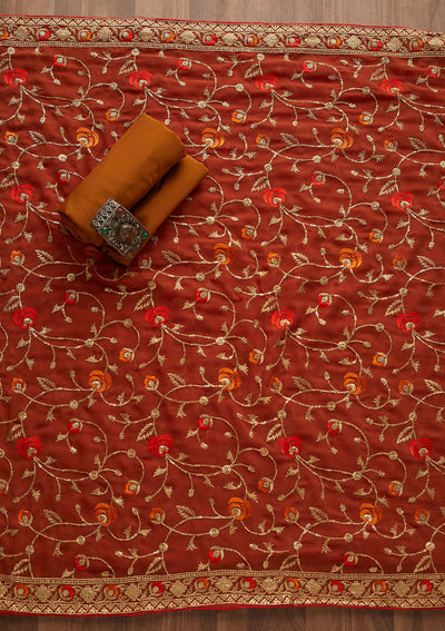 Mustard Zariwork Georgette Designer Semi-Stitched Salwar Suit - Koskii