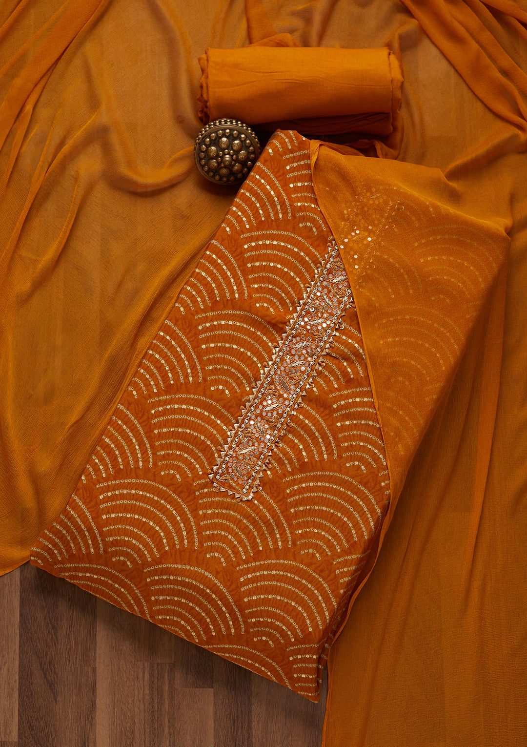 Mustard Zariwork Georgette Unstitched Salwar Suit- Koskii