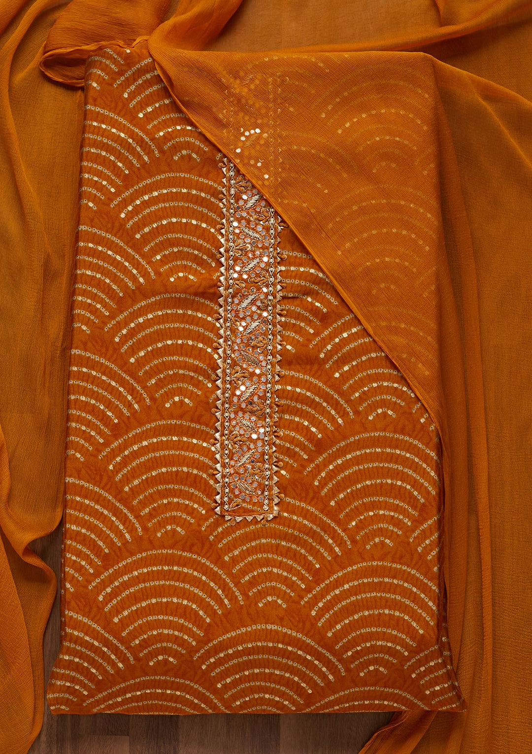 Mustard Zariwork Georgette Unstitched Salwar Suit - Koskii