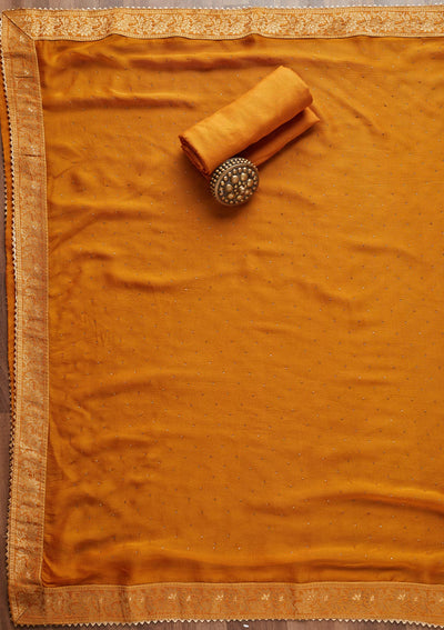 Mustard Zariwork Georgette Unstitched Salwar Suit - Koskii