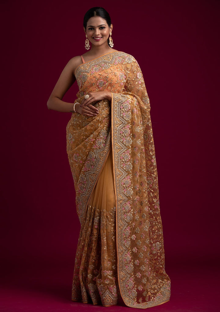 Mustard Zariwork Net Designer Saree - koskii